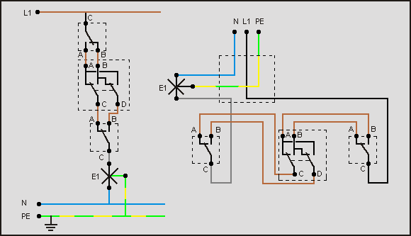 Fig. 2.6 - Particolare di collegamento di punto luce deviato Punto luce invertito - Col punto luce invertito, rispetto al punto luce deviato, si possono estendere i punti di comando a più di due.