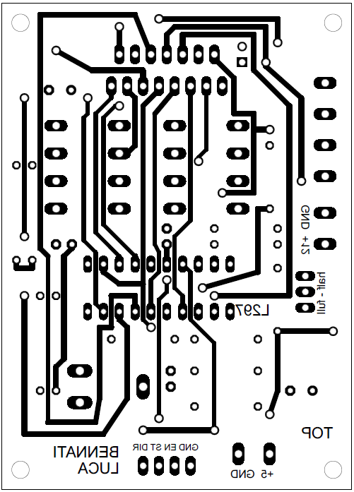 Elenco componenti: Riferimento Valore Quantità R1, R2, R5, R6 0,47Ω 4x R3, R4, R7, R8, R10, R11 10KΩ 6x R9 Trimmer 10KΩ 1x R12 47KΩ 1x R13 22KΩ 1x IC1 L297 1x IC1 L298 1x D1, D2, D3, D4, D5, D6, D7,