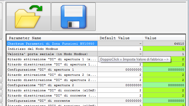 Pagina 12 di 15 Per ripristinare un solo parametro della zona Value con sfondo verde chiaro al valore di fabbrica, fare doppio click sulla cella corrispondente nella colonna Default Value.