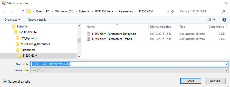 Pagina 16 di 16 Per salvare i parametri della zona di destra, premere sull icona. Viene proposto il nome del file e la posizione standard di deposito delle configurazioni dei parametri.