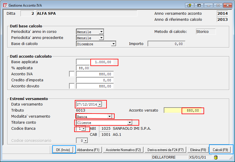 Pag: 4 Digitando limporto nel campo Base applicata e premendo il pulsante Calcoli (F9) la procedura compila i campi Acconto IVA e Acconto dovuto.