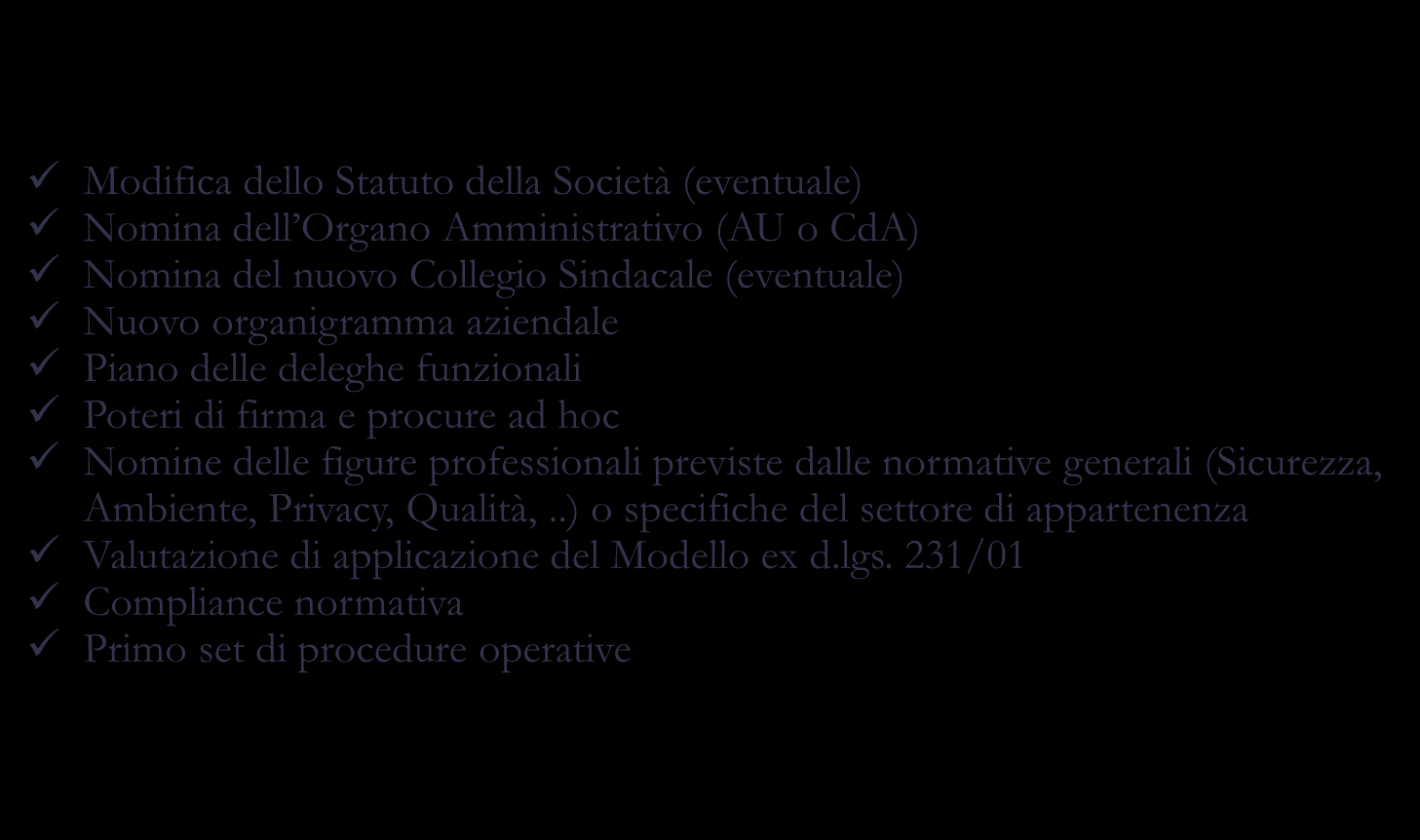 Approccio sistemico, integrato e multidisciplinare 2-4 mesi Nuova Governance Key point Principali attività Durata Modifica dello Statuto della Società (eventuale) Nomina dell Organo Amministrativo