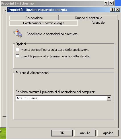 Selezionare la tab Avanzate e disabilitare l'opzione Chiedi la password al termine della modalità standby Al termine cliccare sul pulsante OK, sia nella finestra Proprietà - Opzioni risparmio