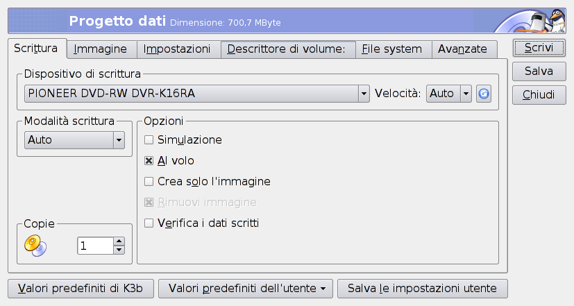 Opzioni di scrittura: Nella sezione writing potrete scegliere la velocità di masterizzazione per questo progetto e tramite quale periferica masterizzare il progetto (nel nostro caso PLEXTOR CD-R).