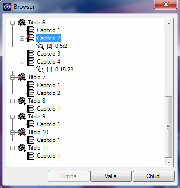 Controlli di riproduzione Browser Il Browser presenta una finestra in cui si possono sfogliare e vedere tutti i titoli disponibili ed i capitoli associati e i segnalibri aggiunti.