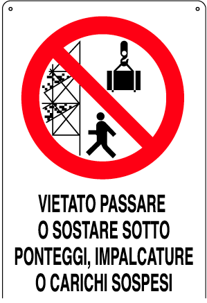 Nome: vietato passare o sostare sotto ponteggi o carichi sospesi Posizione: Nei pressi degli apparecchi di sollevamento e del ponteggio.