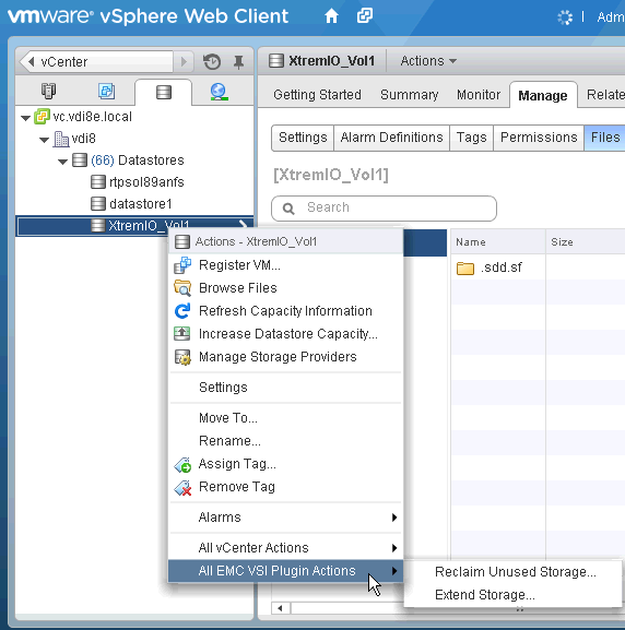 Capitolo 4: Implementazione della soluzione Dopo aver aggiunto un array al plug-in VSI, vsphere Web Client elenca tutti i datastore dell'array.