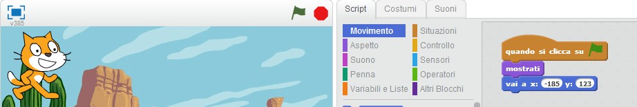 Spostiamo il gatto in alto a sinistra sullo stage: le coordinate del comando vai a x y cambiano. Le trasciniamo nell'area del programma.