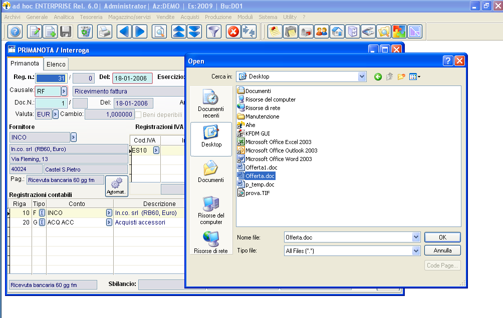 1.1.1 Inserimento di documenti Passivi ricevuti in formato elettronico L integrazione fra gestionale e documentale permettere di caricare nel documentale i files ricevuti (.pdf,.