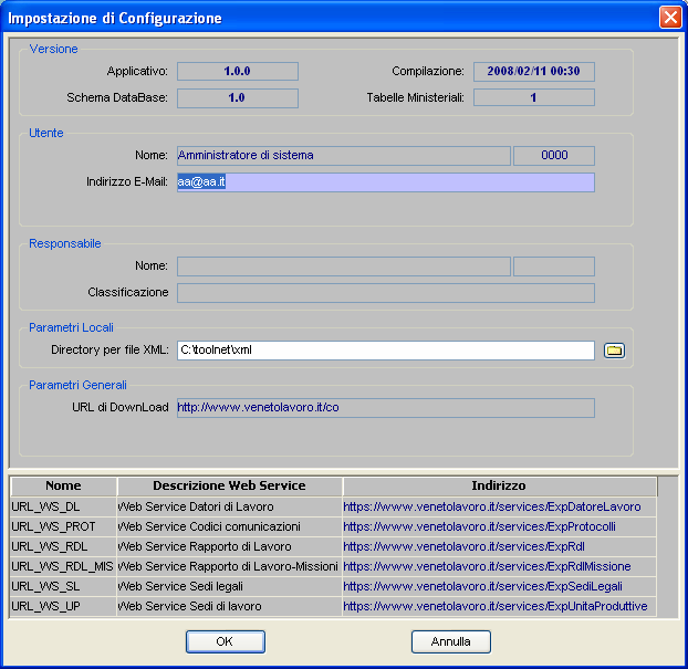 3.5 Configurazione del programma Mediante tasto configura si accede alla pagina di configurazione del programma, che riporta i numeri di versione dell applicativo, della struttura o schema del data