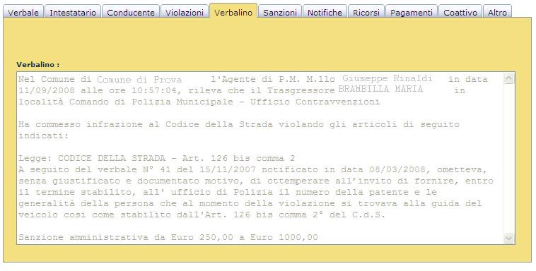 Nelle tab successive vengono elencate Notifiche, Ricorsi e Pagamenti inseriti per il