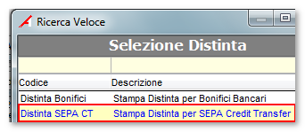 Stampa Distinta Per accompagnare l emissione del flusso SCT è stata aggiunta anche una stampa della distinta, simile a quella per BONFICO, arricchita del codice CUC associato alla banca.