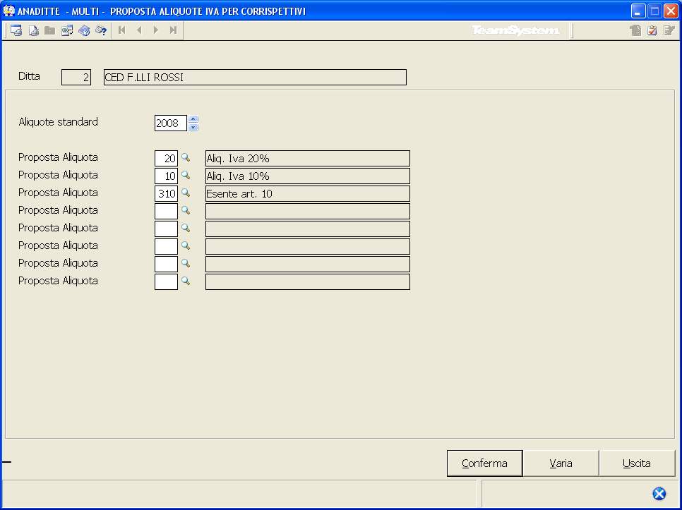 Gestione archivio ditte ANADITTE Proposta aliquote All interno di ANADITTE è stata inserita la nuova scelta 12 - Proposta aliquote che permette di indicare fino ad 8 aliquote Iva che saranno poi