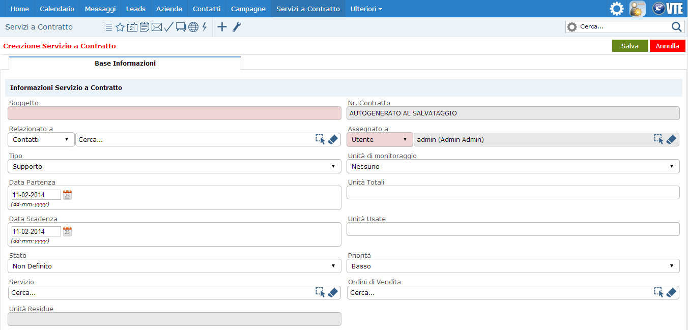 11.5 Servizio a Contratto Esiste all interno di VTE CRM un modulo dedicato a registrare le informazioni riguardanti l attivazione di un servizio venduto ad un cliente, tale modulo si chiama Servizi a