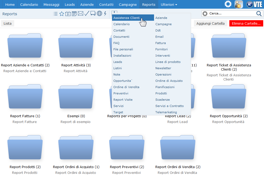 14 Report e grafici VTE CRM Vi consente di analizzare attraverso Report e Grafici, i dati inseriti in VTE CRM.