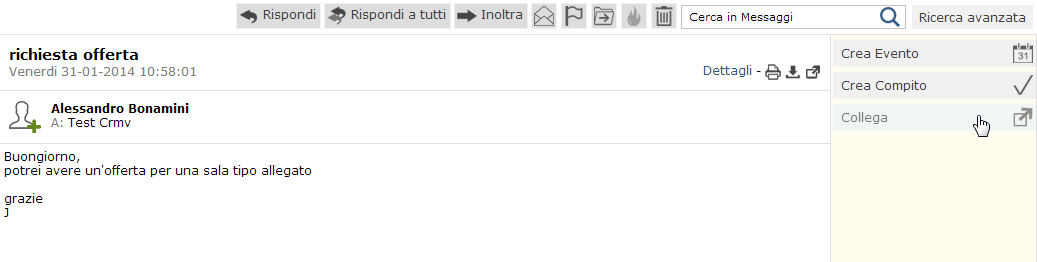 6.4.4 Funzioni Email Pulsante Scrivi Scarica Crea Evento/Crea Compito Collega Funzione Per scrivere una nuova mail Carica email dal server di posta Impostazioni del modulo Messaggi (personali per