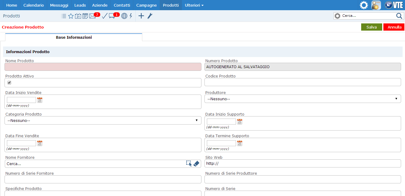 9 Il processo di vendita: prodotti, servizi e listini Per poter gestire al meglio il processo di vendita attraverso VTE CRM, è importante stabilire il catalogo prodotti/servizi e i listini.