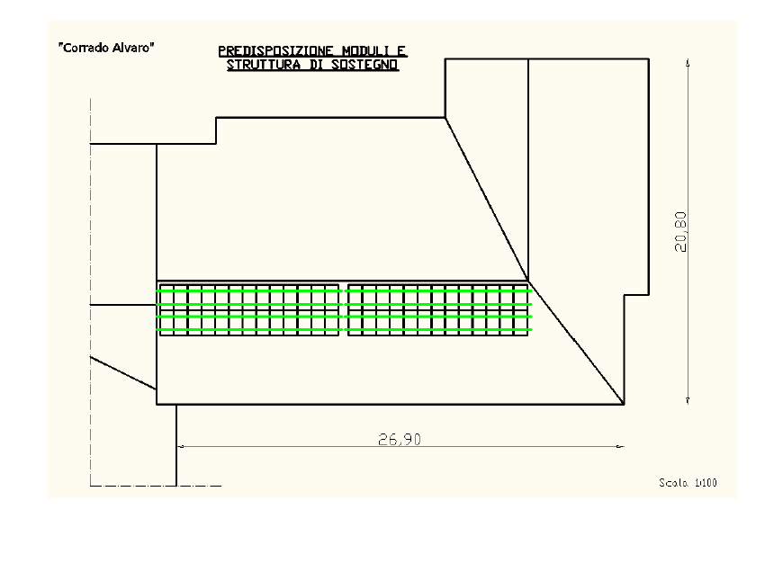 Si riporta di seguito uno schema indicativo del layout dell impianto fotovoltaico, con la posizione dei pannelli Fv e degli inverter.