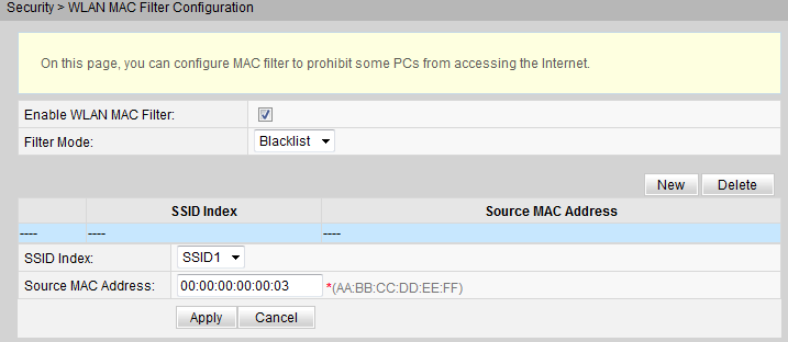 D. Filtro MAC rete WLAN 1. Fare clic sulla scheda Security e scegliere WLAN MAC Filter Configuration dalla struttura di navigazione a sinistra.