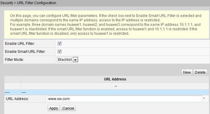 E. Filtro indirizzi URL 1. Fare clic sulla scheda Security e scegliere URL Filter Configuration dalla struttura di navigazione a sinistra.