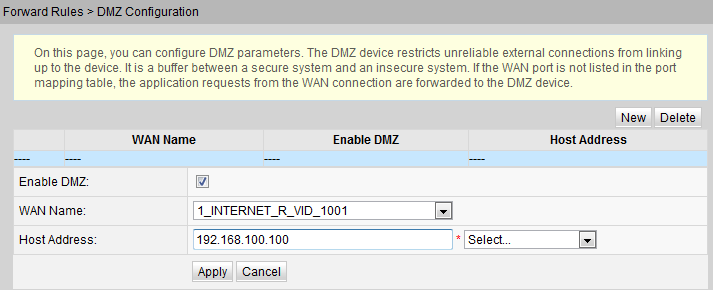 Figura 1 Configurazione della DMZ La zona demilitarizzata, DMZ, è una tecnologia che consente al modem di inoltrare tutti i pacchetti ricevuti attraverso un server interno specificato.