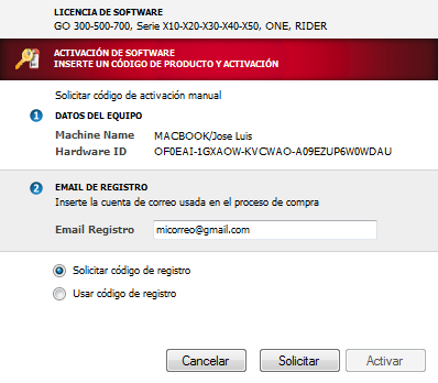 3. MANUALE ATTIVAZIONE (Continuata) Passo 4 - Visualizzare il seguente modulo con i dati dal computer e Hardware ID Passo 5 - Selezionare l'opzione di APPLICARE PER IL CODICE DI REGISTRAZIONE Passo 6