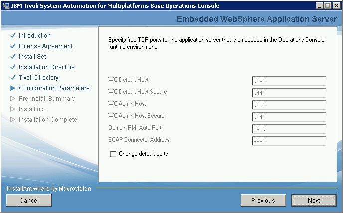 10. Se nessun altro WebSphere Application Server è installato sul sistema, accettare le porte predefinite per la versione integrata di IBM WebSphere Application Server.