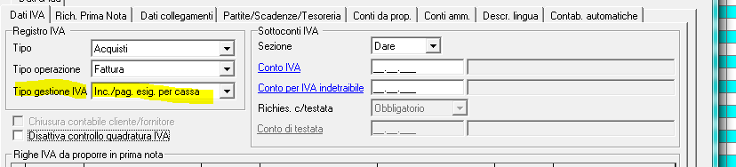 - Tabella Causali contabili Il campo in tabella causali, Tipo gestione iva cassa impostato con il valore Esig./Detraib.