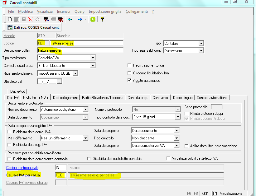 - Anagrafiche Clienti/Fornitori Il campo Tipo gestione iva per cassa, si utilizza per definire se un cliente o fornitore prevede la gestione iva per cassa, permettendo di controllare che le