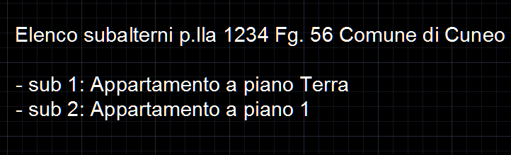 Elaborato planimetrico Inserisci subalterno Questa funzione inserisce nel disegno un testo che rappresenta il numero del subalterno.