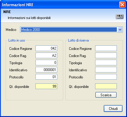 La finestra di dialogo dell'nre mostra per ogni medico (selezionabile dalla lista superiore) il lotto attualmente in gestione (Lotto in uso) e l'eventuale lotto di riserva che verrà usato