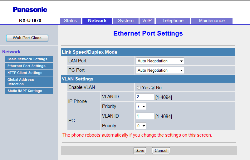 Sezione 4 Programmazione dall interfaccia utente Web Riferimento per l interfaccia utente del telefono Massimo 15 caratteri Non memorizzato. Impostazioni di rete (Pag. 16) 4.4.2 Ethernet Port Settings Questa schermata consente di modificare la modalità di connessione delle porte Ethernet e le impostazioni VLAN.