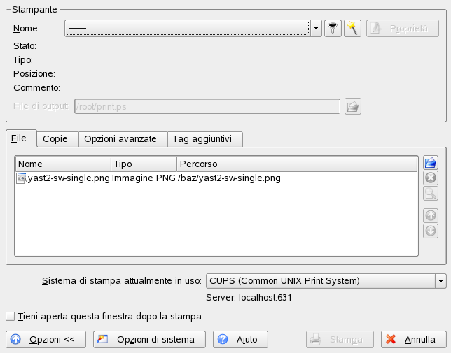 avanzate) e Additional Tags (Tag ulteriori). Vedere la Figura 4.4, «Avvio di un lavoro di stampa con KPrinter» (p. 144). Figura 4.4 Avvio di un lavoro di stampa con KPrinter La prima scheda, Files (File), definisce il file o i file da stampare.