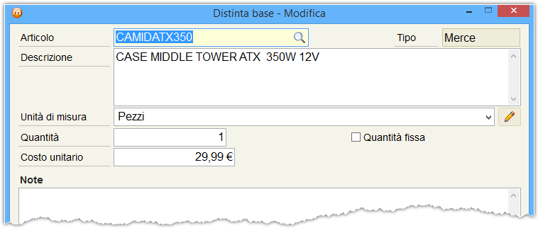 Distinta base Creazione Tramite la finestra in figura, raggiungibile dal menu Magazzino» Articoli, l'utente può creare, oltre ad articoli di tipo Merce o Servizio, anche articoli di tipo Distinta