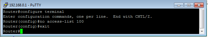 fputs ($this->connection, "configure terminal\r\n"); fputs ($this->connection, "no access-list 100\r\n"); fputs ($this->connection, "exit\r\n"); // salto l'eco del comando e la riga di risposta for