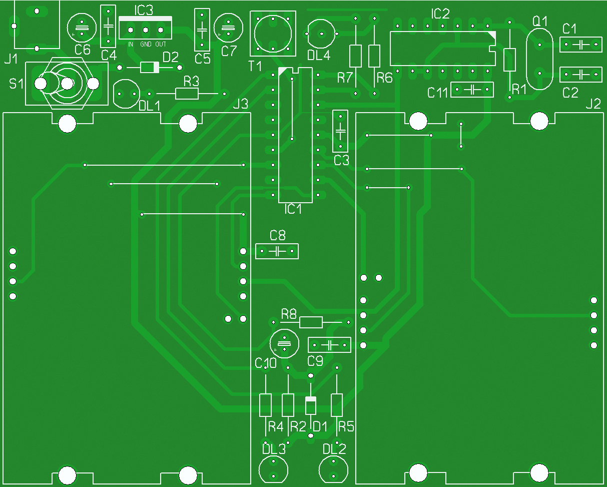 Figura 7 Circuito stampato in scala 1:1 (lato rame) Figura 8 Piano di montaggio Funzionamento Il funzionamento del circuito è molto semplice ed è stato già descritto tra le righe.