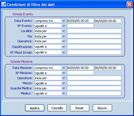 Figura 6: Esempio Finestra di filtro I campi per i quali è possibile specificare delle condizioni di selezione dipendono dalla finestra alla quale si vuole applicare il filtro.