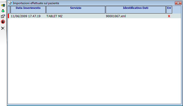 La finestra attivata visualizza i seguenti dati: Figura 187: Finestra importazioni sul paziente Data Inserimento Servizio Identificativo Dati Err Specifica quando è stata effettuata l elaborazione