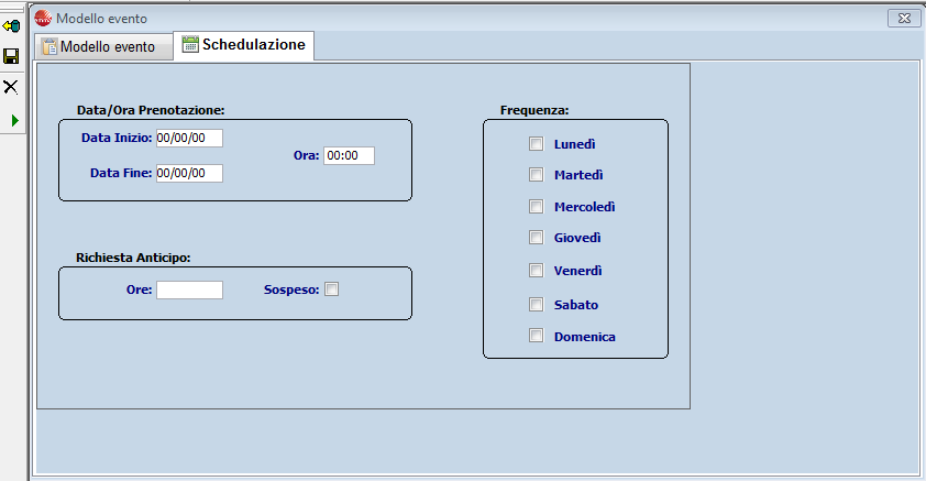 Figura 76: Dettaglio di un modello di evento Per schedulare l attività di creazione dell eventi in automatico, è necessario indicare la data-ora inizio e la data-ora di fine, i giorni della