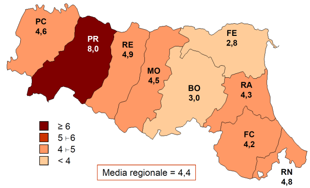 Distribuzione geografica Per una valutazione della diffusione dell infezione da un punto di vista spaziale, è stata analizzata l incidenza media nel periodo 2006-2014 per provincia di residenza