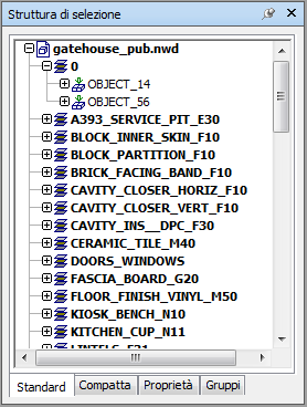 Finestra Struttura di selezione La finestra Struttura di selezione è una finestra agganciabile, in cui vengono visualizzate varie viste gerarchiche della struttura del modello, come definito