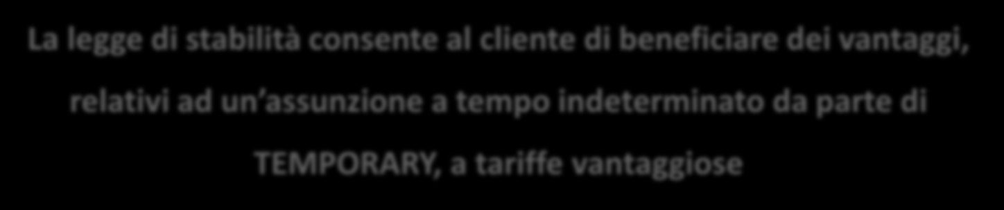 La legge di stabilità consente al cliente di beneficiare dei vantaggi, relativi ad un assunzione a tempo indeterminato da parte di TEMPORARY, a tariffe vantaggiose VANTAGGI PER IL CLIENTE Possibilità