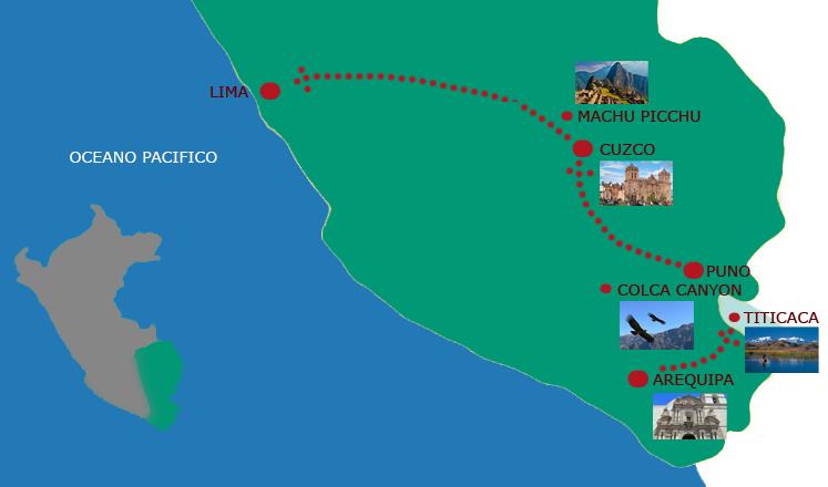 Canyon del Colca, fra i più profondi al mondo, dove potrete ammirare il volo del maestoso condor andino. Poi un passo indietro nel tempo durante la visita al Lago Titicaca, il più alto al mondo.