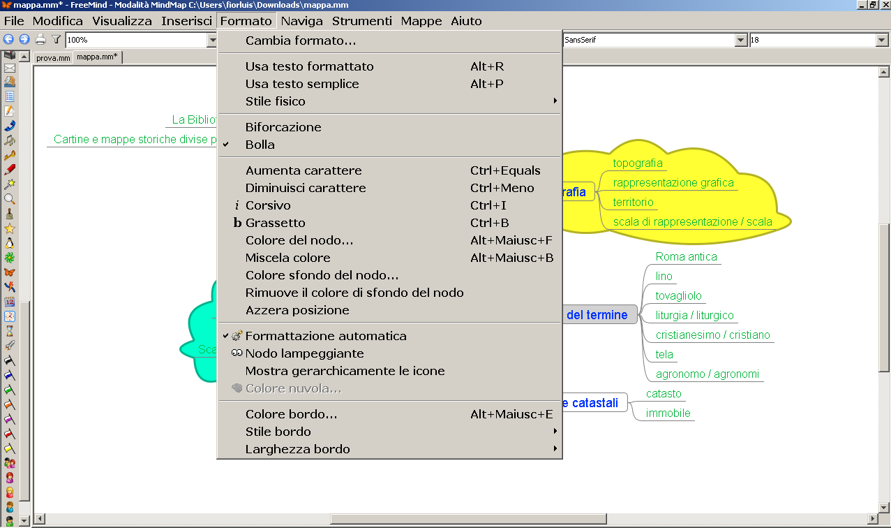 FreeMind: formattazione, colore, aspetto Gli elementi costitutivi della mappa (nodi, archi, nuvole, testo, rami) possono essere