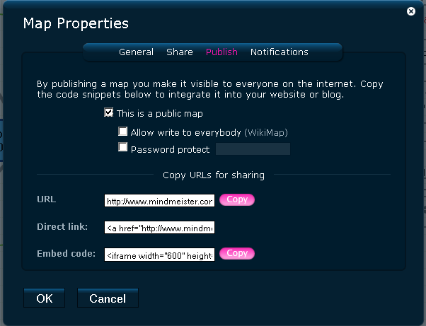 MindMeister: pubblicazione Puoi pubblicare la tua mappa, permettere la modifica a tutti, come un wiki, oppure proteggere le modifiche con password.