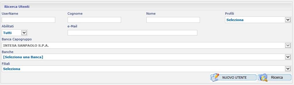 Figura 14: Ricerca utente Si fa presente che, in base alla tipologia di utente (utente di un gruppo o di una banca) i campi banche o filiali potrebbero risultare bloccati.