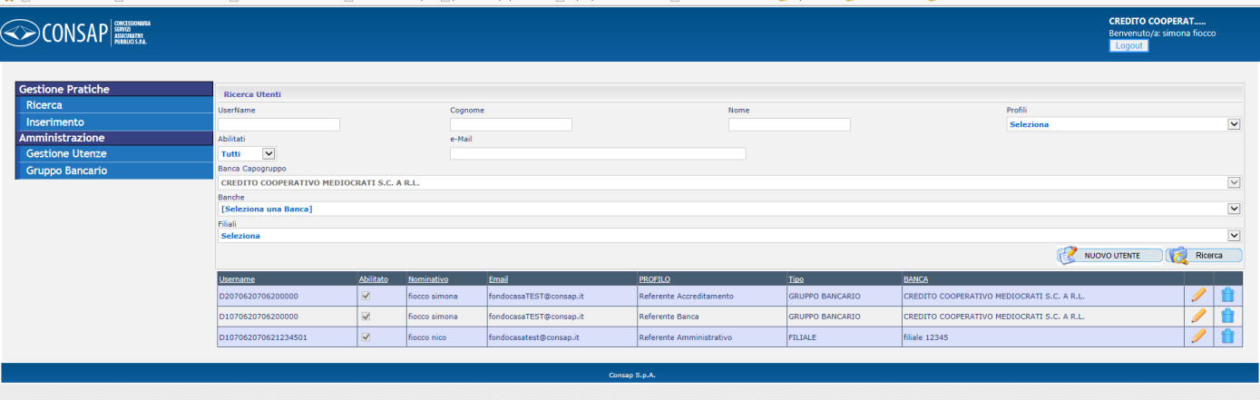 2.1.4 Modifica dati riferimento Se si desidera modificare un riferimento di una filiale o banca, l utente banca potrà accedere alla sezione Gestione Utenze, ricercare l utenza da