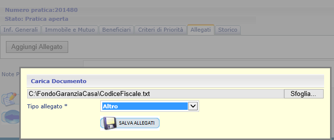 Scheda Allegati Per inoltrare la domanda al Gestore è necessario allegare il modulo di richiesta di accesso alla garanzia del Fondo e i documenti dei richiedenti, attraverso le funzioni presenti