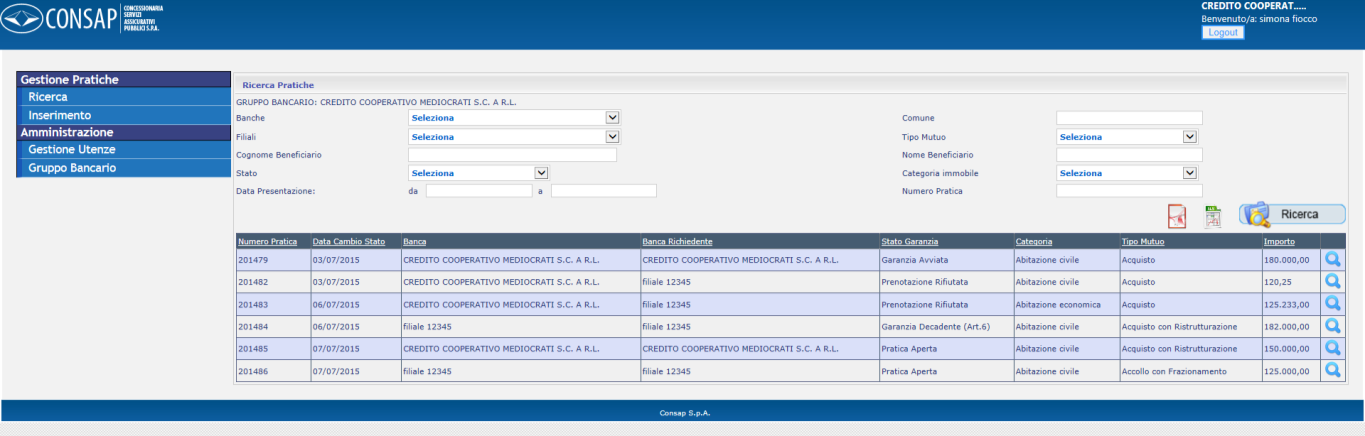 2.2.4 Ricerca La funzione consente di effettuare una ricerca delle pratiche archiviate per mezzo dell uso di appositi filtri di ricerca; il sistema consente all operatore autenticato di accedere