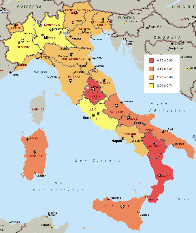 Fig. 5 - Mappa tassi standardizzati per territorio Regioni (2007) Fonte: NFI 2008, elaborazione Consulenza Statistico-Attuariale INAIL Fig.